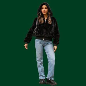 Chelsea Luxe Faux Fur Zip-Up Hoodie Jacket in Black Cozy Streetwear (Size L)